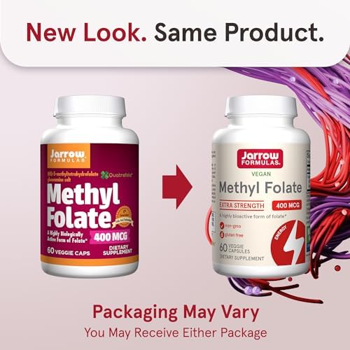 Jarrow Formulas Extra Strength Methyl Folate 400 mcg, Dietary Supplement for Cardiovascular and Neurologic Health Support, 60 Veggie Capsules, 60 Day Supply