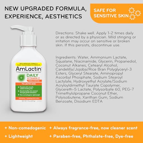 AmLactin Daily Vitamin C Body Lotion, 7.9oz, Exfoliating & Skin Brightening for Dry Skin, 7% Lactic Acid