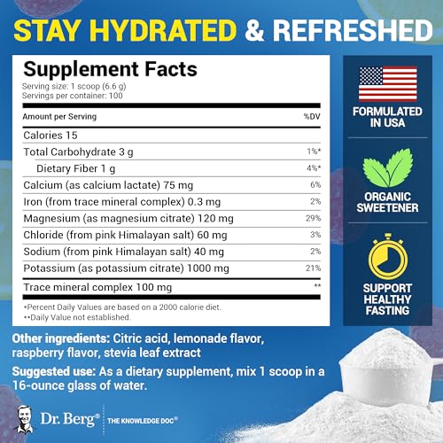 Dr. Berg Zero Sugar Hydration Keto Electrolyte Powder - Raspberry & Lemon Flavor - 100 Servings