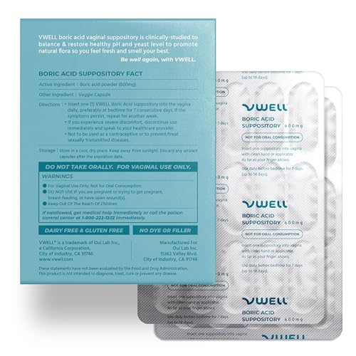 VWELL Boric Acid Suppositories 30 Count - Balances Healthy pH & Microbiome - Controls Odor, Itching, Burning, Irritation