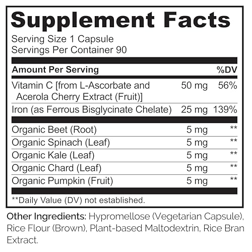 NATURELO Vegan Iron Supplement with Whole Food Vitamin C - 90 Mini Capsules