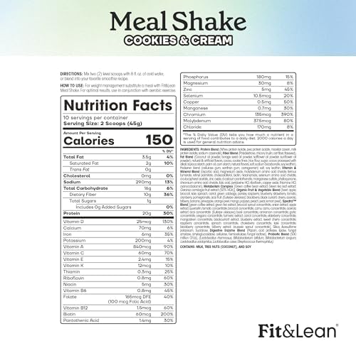 Fit & Lean Meal Shake, Fat Burning Meal Replacement, Meal Replacement with Protein, Fiber, Probiotics and Organic Fruits & Vegetables, Cookies and Cream, 1lb, 10 Servings Per Container