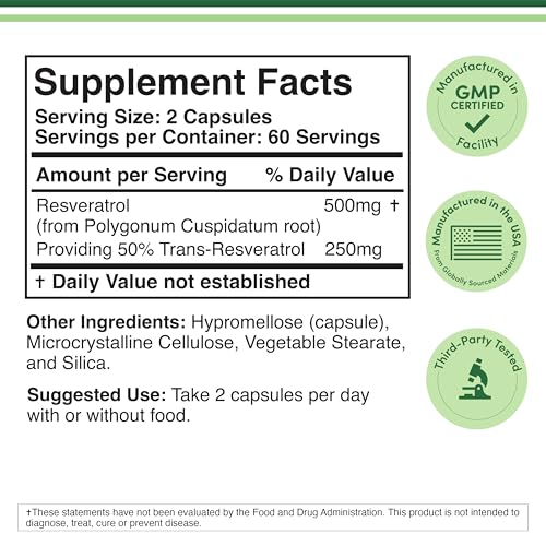 Natural Resveratrol 500mg - 120 Capsules from Polygonum Root for Anti-Aging