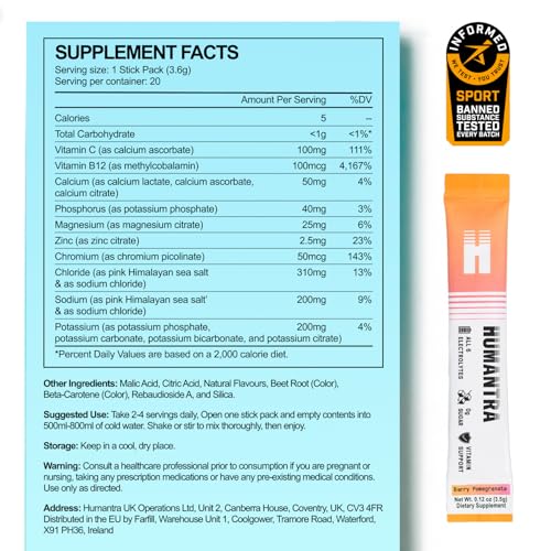 Humantra Hydration Packets - Zero Calorie Electrolyte Powder with Essential Minerals - Berry Pomegranate (20 Count)