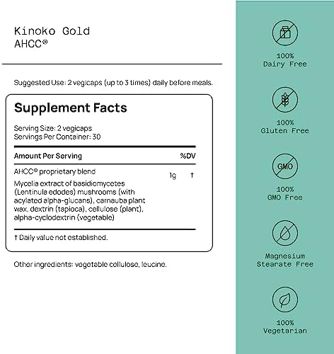 Premium Kinoko Gold AHCC Supplement–500mg of AHCC per Capsule–Supports Immune Health, Liver Function, Maintains Natural Killer Cell Activity & Enhances Cytokine Production–60 Veggie Capsules