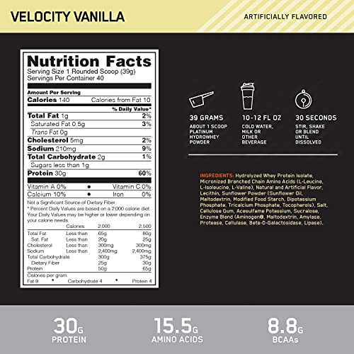 Optimum Nutrition Platinum Hydro Whey Isolate Protein Powder - Fast-Digesting Vanilla