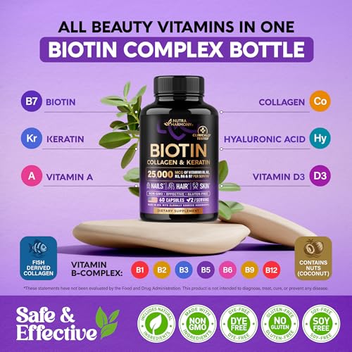 Biotin 25000 mcg, Collagen & Keratin Complex for Hair Growth, Skin & Nails (60 Capsules)