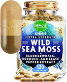 Maju Superfoods Wild Irish Sea Moss Capsules, 4-in-1 with Bladderwrack & Burdock Root, Sebi Inspired Organic Seamoss Pills (120 ct)