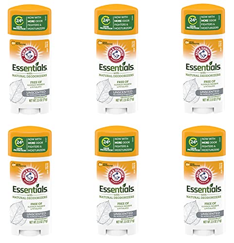 ARM & HAMMER Essentials Solid Deodorant, Unscented, 2.5 oz, 6 Count - Hypoallergenic & Gentle