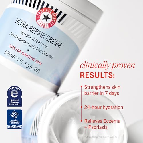 First Aid Beauty Ultra Repair Cream Intense Hydration Moisturizer for Face & Body – 6 oz + Bonus Travel Size