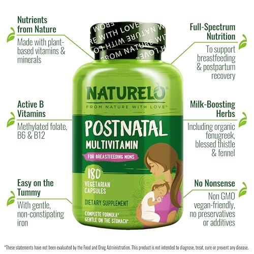 NATURELO Post Natal Multivitamin - Whole Food Postnatal Supplement for Breastfeeding Mothers - Organic Herbs to Boost Milk Supply - Vitamin D, Folate, Calcium - 180 Capsules