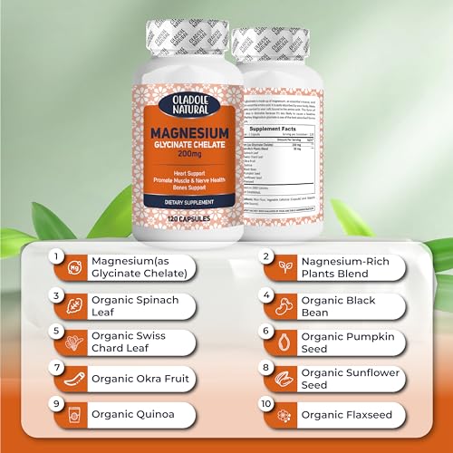 Oladole Natural Magnesium Glycinate Chelate Supplement - 200mg per Capsule with Organic Vegetables for Sleep, Calm & Stress Relief - 120 Capsules