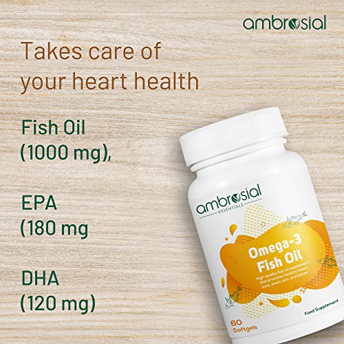 Ambrosial Omega 3 Fish Oil - 1000 mg with 180 mg EPA & 120 mg DHA - 60 Softgels