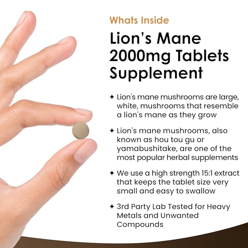 Lions Mane Mushroom 2000mg - 180 High Strength Vegan Tablets - Lion's Supplement with Black Pepper