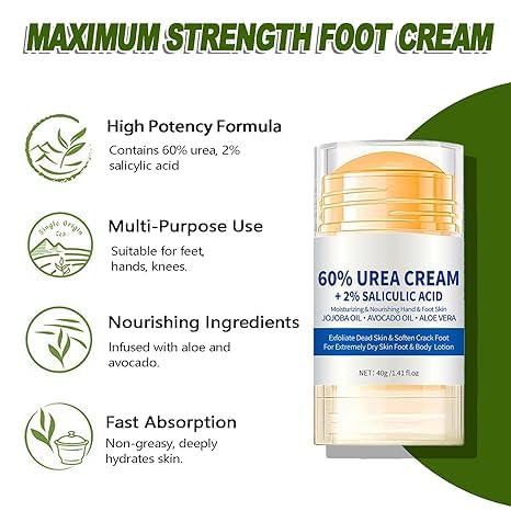 ALMEKAQUZ 60% Urea Foot & Hand Cream – Maximum Strength with 2% Salicylic Acid for Dry, Cracked Skin