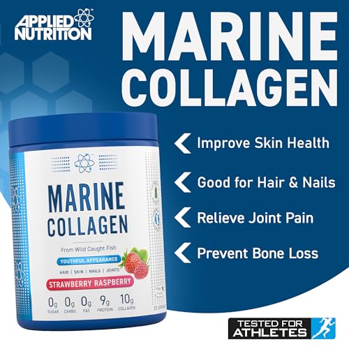 Applied Nutrition Marine Collagen Protein Powder - Hydrolyzed Collagen for Skin, Hair & Nails, Strawberry Raspberry Flavor