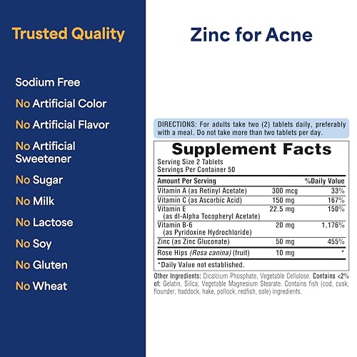 Puritan's Pride Zinc for Acne Control - 100 Tablets Supplement