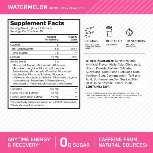 Optimum Nutrition Amino Energy Pre Workout Powder - Green Tea BCAA Amino Acids with Green Coffee Extract, Keto Friendly, Zero Sugar, Watermelon Flavor