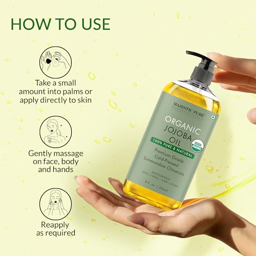 Majestic Pure Organic Jojoba Oil 236 ML – 100% Pure, Cold-Pressed for Skin, Hair, Massage & Dilution