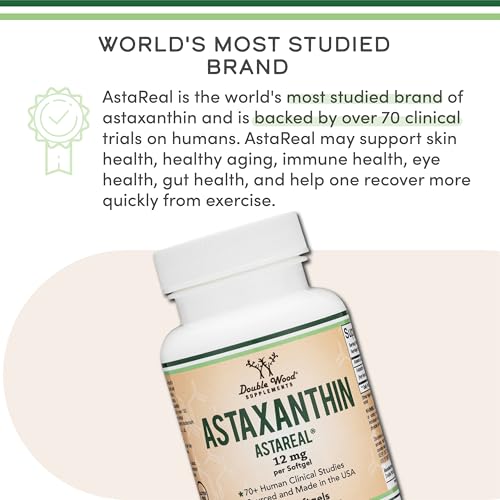 Max Strength Astaxanthin 12mg Capsules - Natural AstaReal from USA | Clinically Studied Antioxidant by Double Wood Supplements