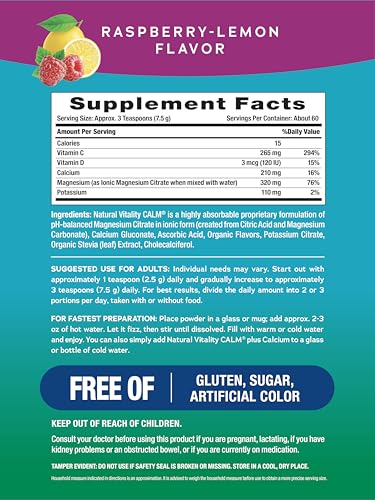 Natural Vitality Natural Calm Plus Calcium – Raspberry-Lemon, 16oz