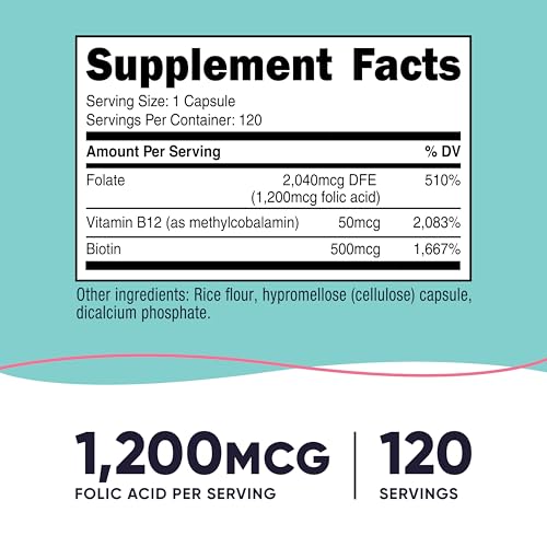 Nutricost Folic Acid for Women (Vitamin B9) 1200 mcg - with B12 and Biotin - 120 Capsules - Veggie Caps, Non-GMO & Gluten Free