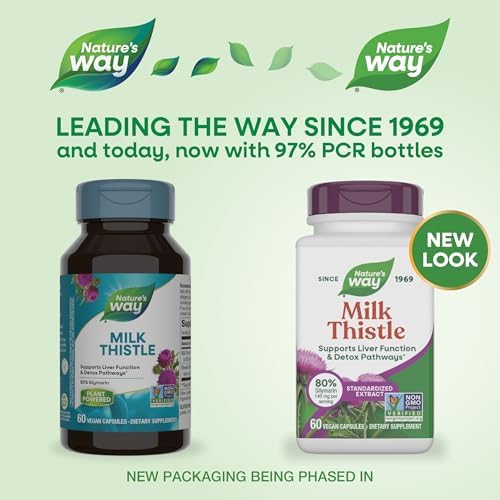 Nature's Way Milk Thistle, Supports Liver Function & Detox Pathways*, 175 mg Milk Thistle Seed Extract Standardized to 80% Silymarin per Serving, Vegan, 60 Capsules (Packaging May Vary)