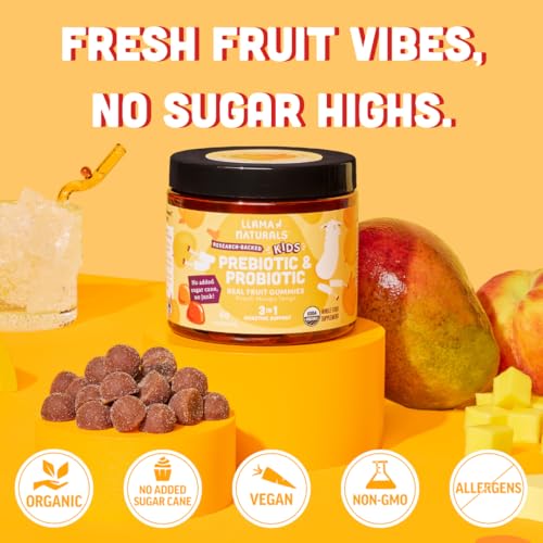 Llama Naturals Kids Prebiotic & Probiotic Gummies - Peach Mango, 60 Count, Vegan & Organic