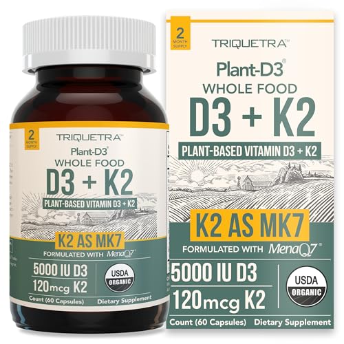 Organic Plant D3 + K2 | 5000 IU D3 + 120 mcg K2 (MK7) | Vegan, Whole Food, Enhanced Digestion | 60 Count
