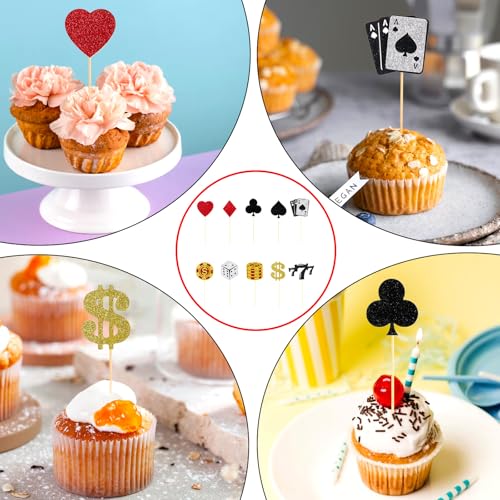 24 Pcs Casino Cupcake Toppers with Glitter Poker Chips - Vegas Themed Party Decorations