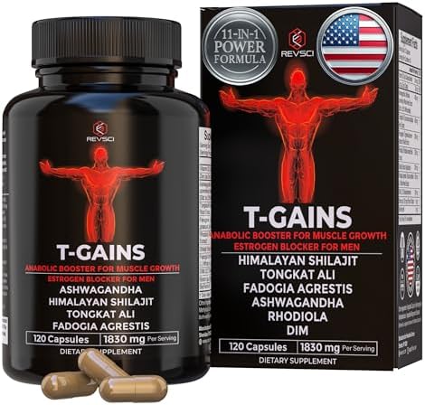 Anabolic Booster & Muscle Builder for Men, Total GAINS Muscle Growth & Estrogen Blocker for Men, Ashwagandha Shilajit for Men, Fadogia Agrestis Tongkat Ali for Men, HGH Supplements for Men, 120 Count