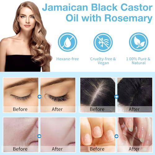 NIFEISHI Organic Castor Oil, Pure Natural Jamaican Black Castor Oil Infused with Rosemary, Cold Pressed Glass Bottles, Boost Hair Growth for Thicker, Fuller Hair, Eyelashes & Eyebrows 2.02 fl oz