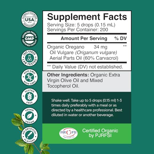 Oregano Oil Organic Liquid Drops - Super Concentrated USDA Organic Oil of Oregano Drops for Immune Support and Digestive Health - Vegan Non GMO 100% Pure Oregano Oil Drops for Kids and Adults