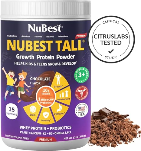 NuBest Tall Protein Powder for Kids & Teens - Chocolate Whey Protein with Probiotics, Omega 3-6-9, Vitamin D3 + K2 - 15 Servings