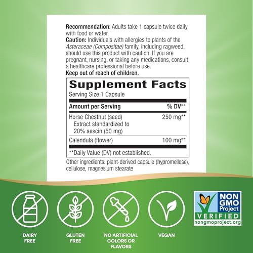 Nature's Way Standardized Horse Chestnut, Premium Extract, Promotes Healthy Leg Veins*, 250 mg per Serving, Vegan, 90 Capsules (Packaging May Vary)