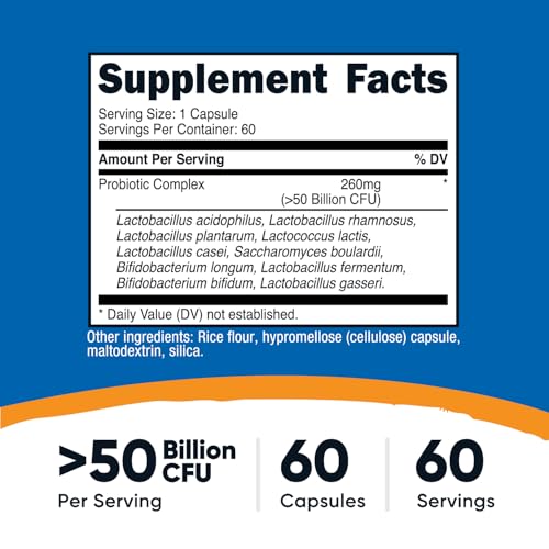 Nutricost Probiotic Complex - 50 Billion CFU High Potency - Digestive Health for Men & Women - 60 Capsules