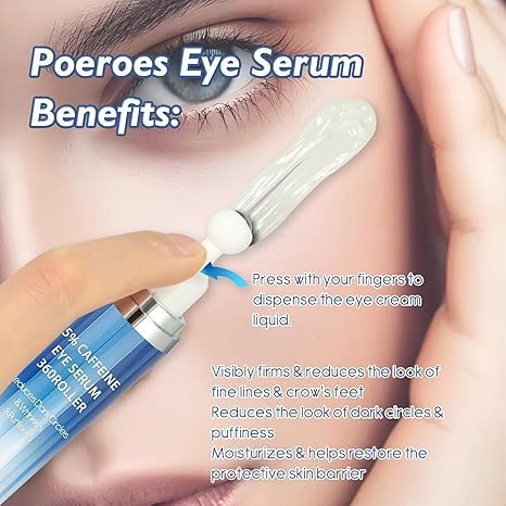 ALMEKAQUZ Caffeine Eye Cream for Dark Circles & Under-Eye Puffiness, 360° Massage Roller Ball, Morning Skincare