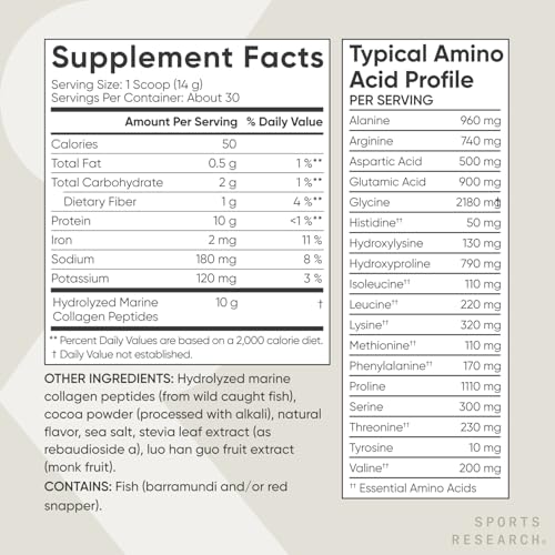 Sports Research Marine Collagen Peptides Powder (Dark Chocolate) | Post-Workout Recovery & Beauty Support