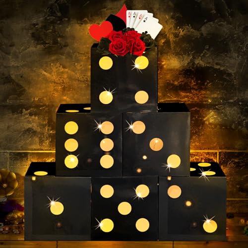 6 Pcs Large Dice Favor Boxes with LED Lights - Casino Party Decorations - Black 11.8 Inch