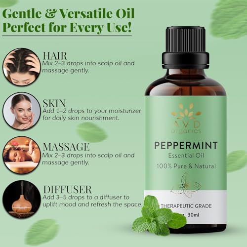 AVD ORGANICS 100% Pure Peppermint Essential Oil (30ml) for Aromatherapy & Focus
