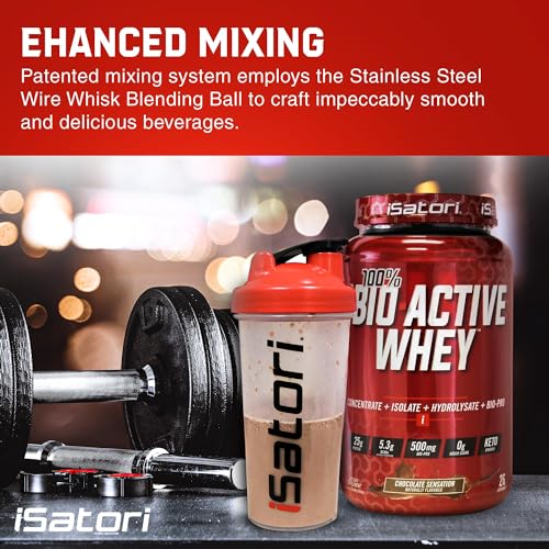 iSatori Classic Blender Bottle 28 oz with Stainless Steel Whisk Ball - Clear Bottle Red Top