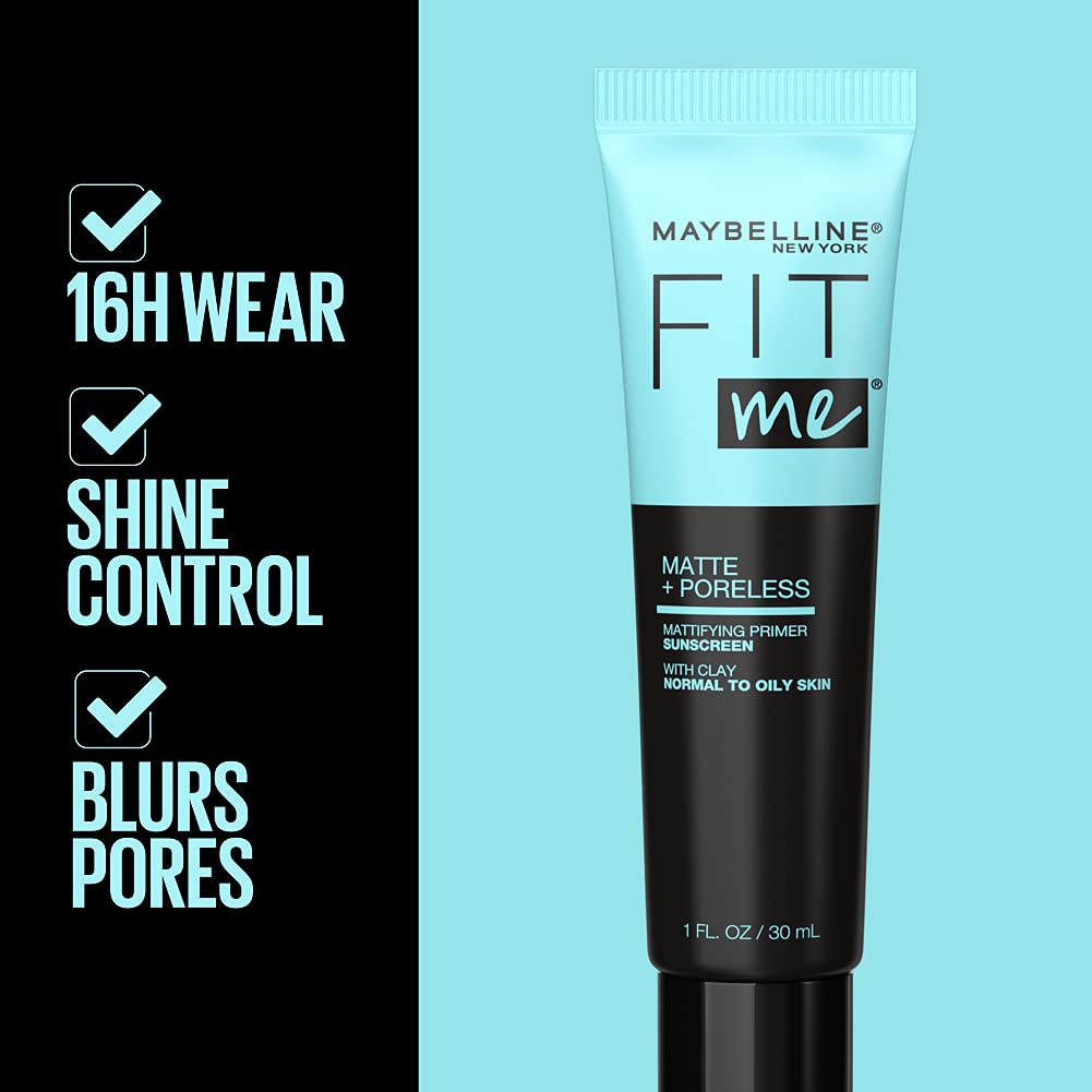 Maybelline Fit Me Matte + Poreless Primer: 16-hour wear, SPF 20 sunscreen, shine control.