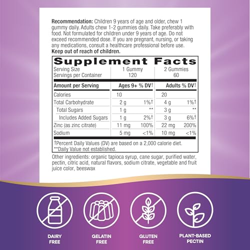 Nature's Way Zinc Gummies - Daily Immune Support with 100% DV Zinc per Gummy, Mixed Berry Flavor, 120 Gummies