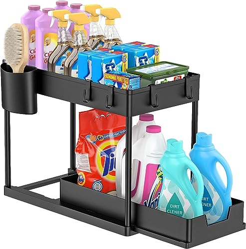 2-Tier Under Cabinet Sliding Basket Organizer with Hanging Cup & Hooks
