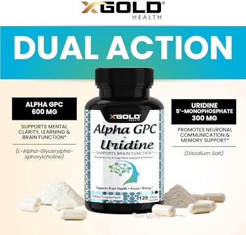 Alpha GPC Choline 600mg + Uridine Monophosphate 300mg-2-in-1 Nootropic Supplement Helps Boost Focus, Energy & Cognitive Performance -Potent Mood Enhancer & Brain Focus Supplements -120 Veggie Capsules