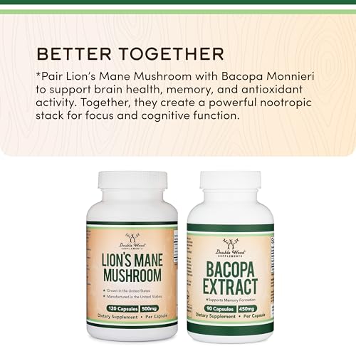 Double Wood Lions Mane Mushroom Capsules - Brain Support & Immune Health - 120 Count