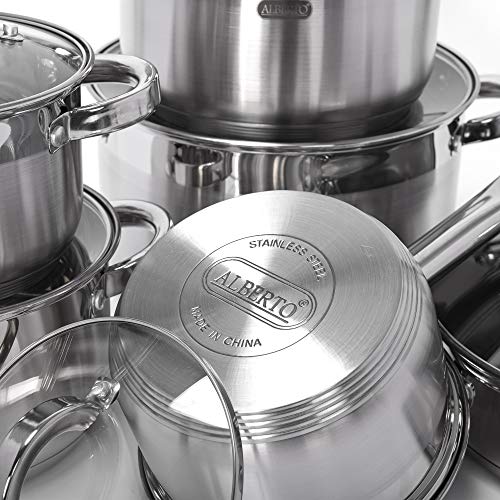 Alberto 12Pcs Stainless Steel Cookware Set - Durable Kitchen Pots & Pans