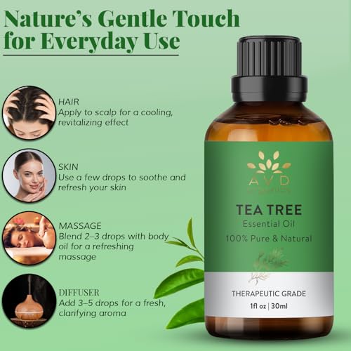 AVD ORGANICS Tea Tree Essential Oil 30ml - 100% Pure Natural Therapeutic Grade Aromatherapy Oil for Relaxation, Skin & Hair Care