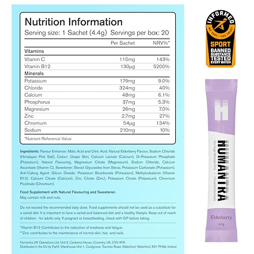 Humantra Hydration Packets - Zero Calorie, Zero Sugar Electrolyte Hydration Multiplier with Essential Minerals, Boost Immune & Metabolic Functions, Elderberry (20 Count)