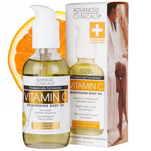 Advanced Clinicals Brightening Vitamin C Body Oil | Glow Oil with Vitamin E & Botanicals for Dark Spots & Dry Skin | 3.8 Fl Oz